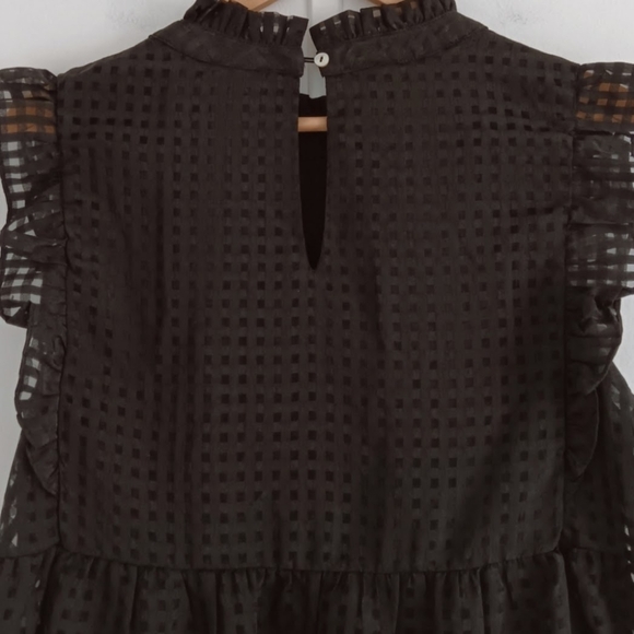 [ Jodifl Nora Ruffled Organza Black Checked Gingham Grid Pocketed Mini Dress ] - Picture 6 of 10